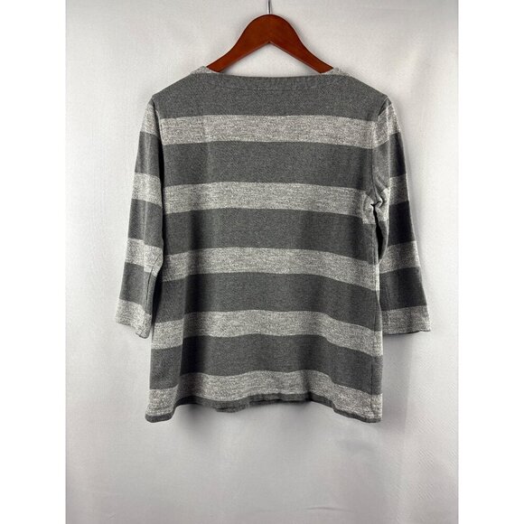 Croft & Barrow Womens Petite Medium Gray & White Striped 3/4 Sleeve Top Cotton - Picture 4 of 6